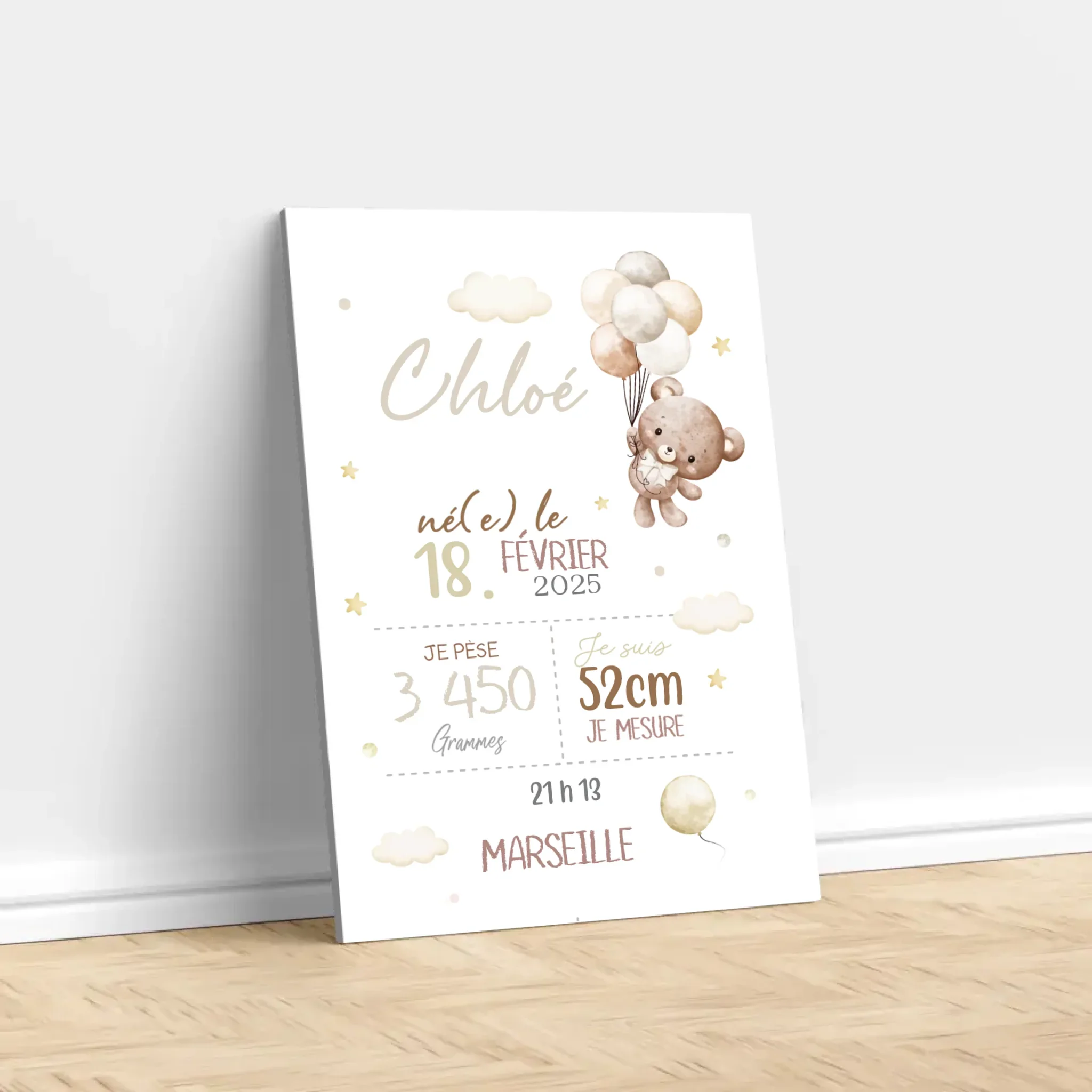 Toile personnalisée – Annonce de naissance avec ours en peluche - Image 3