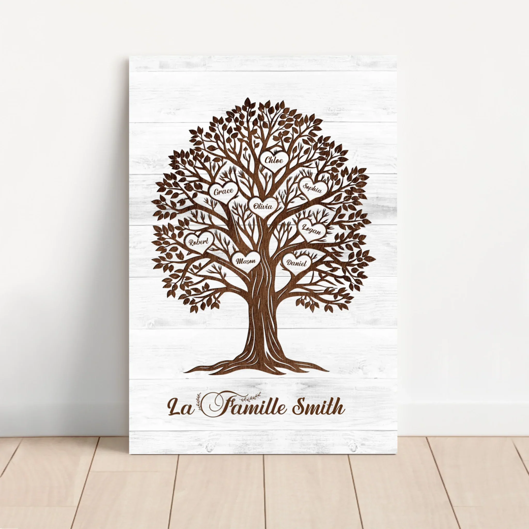 Toile personnalisée – Arbre généalogique aux prénoms en forme de cœur