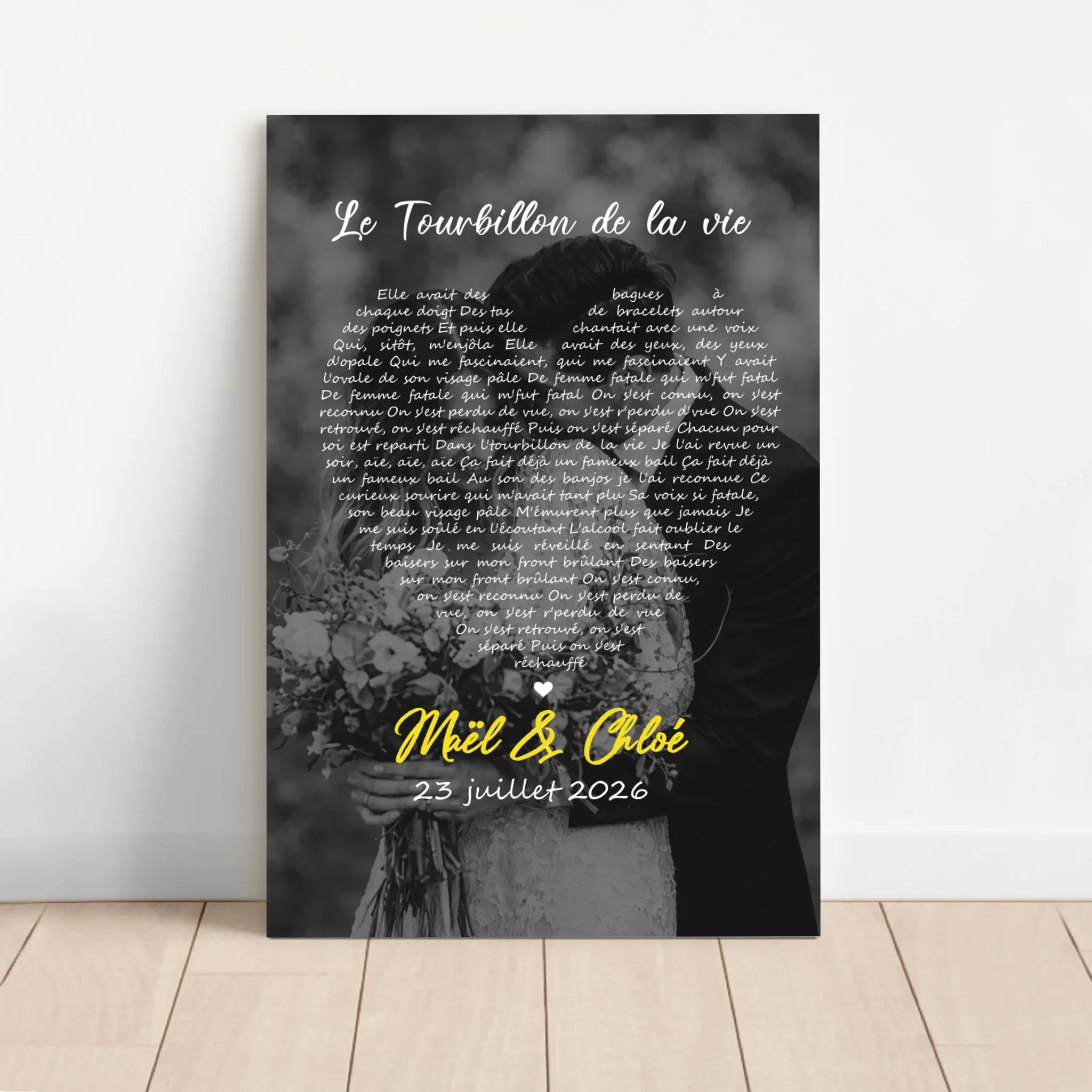 Toile personnalisée – Paroles de chanson en noir et blanc en forme de cœur-Vertical