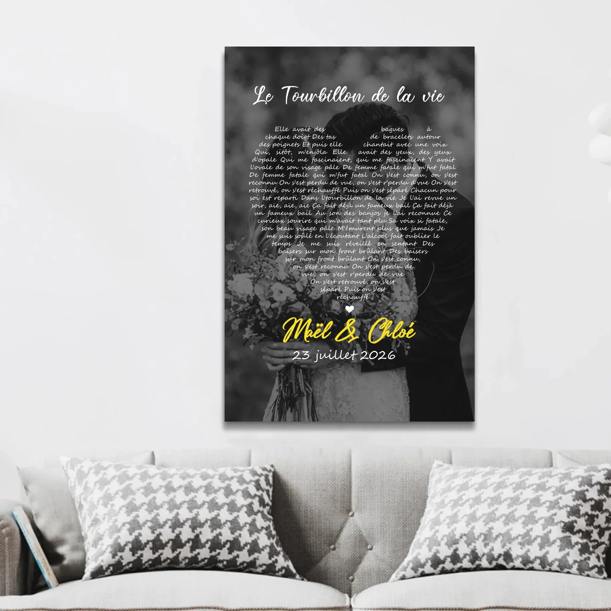 Toile personnalisée – Paroles de chanson en noir et blanc en forme de cœur-Vertical - Image 2